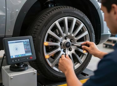 Technician using a digital alignment system on a car wheel, glowing sensor lights, high-tech automotive equipment, South American / Brazilian shop.