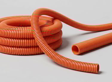 Coiled orange flexible corrugated conduit pipe for electrical wire protection and cable management.