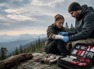 A man uses a mountain hiking first aid kit to bandage a woman's arm on a scenic wilderness overlook.