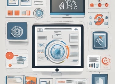 Close-up of a laptop screen showing a sleek website design in blue, white, and orange tones.