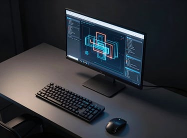 Overhead view of a minimalist, high-end technical workstation with a single glowing monitor displaying system architecture diagrams, deep shadows, neon self-illumination.