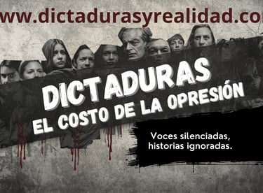 Poster for Dictaduras: El Costo de la Opresión featuring black and white faces and political themes.