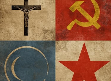 Vintage collage of political and religious symbols including a crucifix, hammer and sickle, and red star.