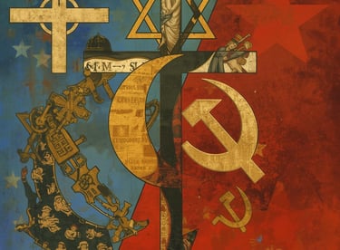 Symbolic collage art merging religious and political icons like the cross, Star of David, and hammer and sickle.