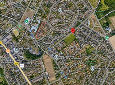 Carte satellite de l’emplacement de la résidence Les Ricochets III au Mesnil-Esnard.