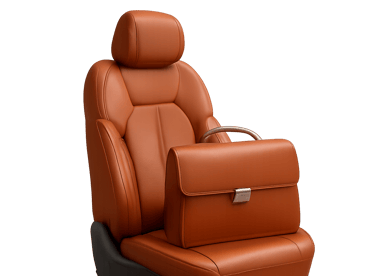 Detailed view of luxury leather car seat and matching bag.