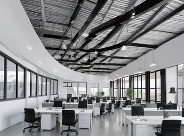 Modern office building with advanced HVAC system visible through glass facade.