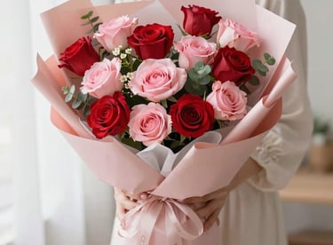 Elegant birthday floral arrangement with vibrant colors and fresh flowers on a soft pastel background.