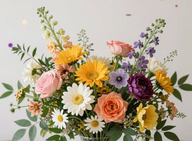 Elegant birthday floral arrangement with vibrant colors and fresh flowers on a soft pastel background.