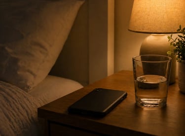 A smartphone and a glass of water on a wooden nightstand next to a glowing bedside lamp.