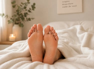 Bare feet peeking out from white duvet in a cozy bedroom with eucalyptus and a lit candle.