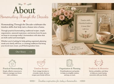 Vintage homemaking website featuring a floral tea set, recipe jar, and printable home planners.