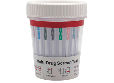 Multi-drug screen test cup with integrated testing strips for rapid urine analysis on a white background.