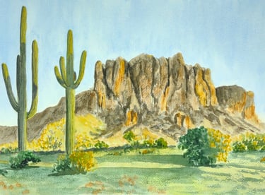 a watercolor painting of a desert scene with cactus and mountains