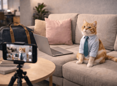 A cat wearing a shirt and a tie sitting on a sofa during a shoot