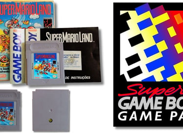Cartucho, caixa e manual do jogo Super Mario Land para Game Boy com o logotipo "Game Boy Game Pak" i