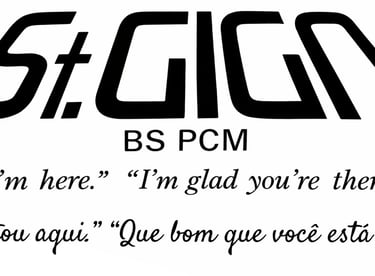 O logotipo da St.GIGA com seu lema: "'Estou aqui.' 'Que bom que você está aí.'"