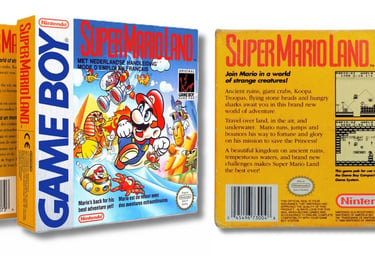 Cartucho, caixa e manual do jogo Super Mario Land para Game Boy com o logotipo "Game Boy Game Pak" i