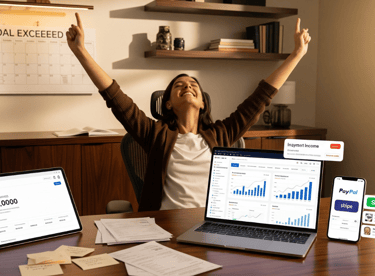  A person celebrating success at their desk with a laptop, phone, and tablet showing earnings