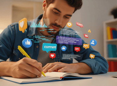 Person writing, digital content elements.