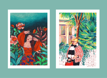 two paintings of a woman in a red dress