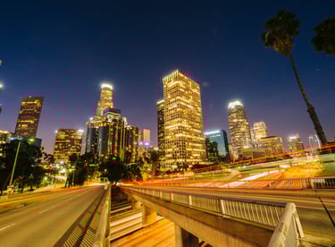 Nighttime cityscape of downtown Los Angeles — A vibrant getaway just a short drive from Disneyland
