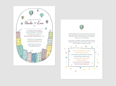 The front and back of a wedding invitation with hot air balloon drawings.