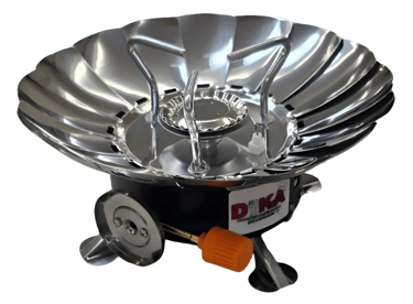 Portable outdoor camping gas stove with a windproof lotus shield and adjustable flame control.