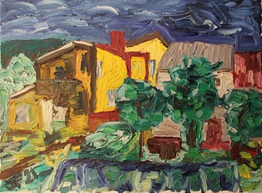 a painting of suburban houses