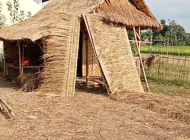a thatched roof that is sitting on the ground