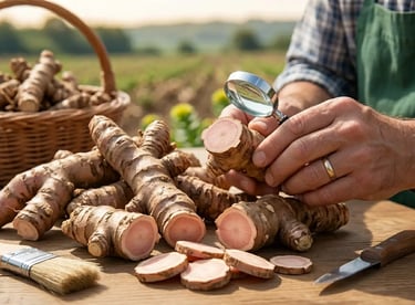 Agricultor inspecionando raiz fresca de Rhodiola rosea orgânica com uma lupa sobre uma mesa rústica 