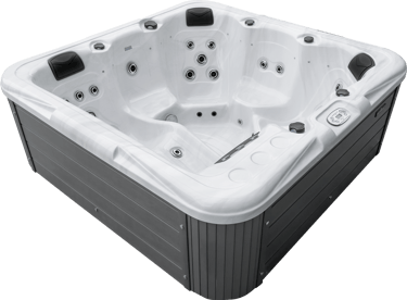 a hot tub with a white tub and a black and white tub