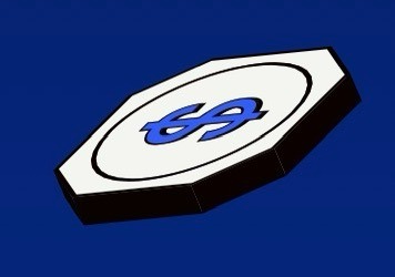 A 3D octagonal white coin with a blue dollar sign symbol against a solid dark blue background.