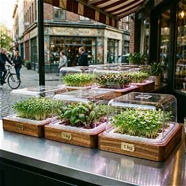 Fresh microgreens and herbs growing in wooden hydroponic trays on a city sidewalk cafe table.