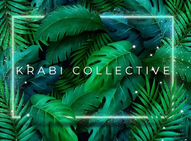 Tropical leaf background with Krabi Collective logo for community stories and features.