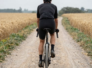 A scenic gravel bike trail winding through the rolling hills of Romagna under a clear blue sky