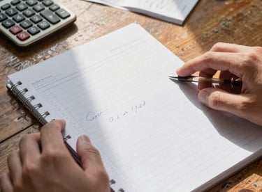 Close-up of hands spreading out a handwritten cost ledger on a worn wooden table, a small calculator and receipts nearby, afternoon window light casting soft shadows across the paper, documentary framing