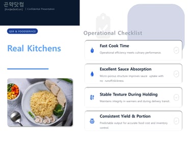 QSR foodservice infographic showing konjac rice benefits like fast cook time and sauce absorption.