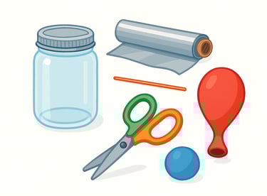 balloon, glass jar, scissors, copper wire, modeling clay, and aluminum foil