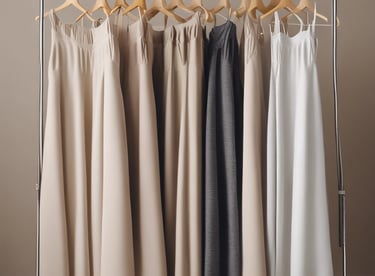 A woman is dressed in a traditional, flowing garment with soft, translucent layers. Her attire includes a long, beige dress with white underlayers and matching boots. She is captured in a graceful pose, looking downwards with her hands gathered near her waist. Her hair is neatly styled and pinned back, complementing the elegantly serene setting.