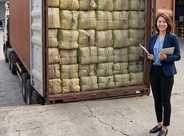 international export buyer standing behind a container of dried Gracilaria seaweed, Indonesia
