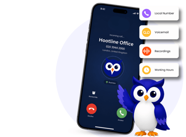 Hootline mobile app showing a business call screen with the owl mascot