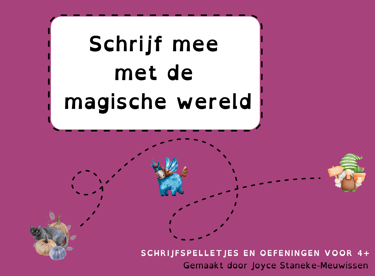 voorkant van schrijf mee met de magische wereld met een zwarte kat, dwerg en eenhoorn