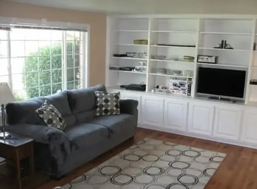 Furnished living room with built-in shelving at Malad House. Premium off-campus Boise State student housing near BSU.