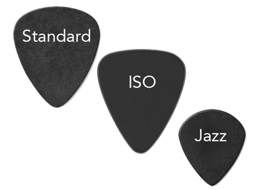 guitar picks formats, standars, iso, jazz picks