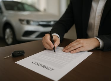 Pessoa assinando contrato de financiamento de carro com documentos e chave do veículo sobre a mesa.