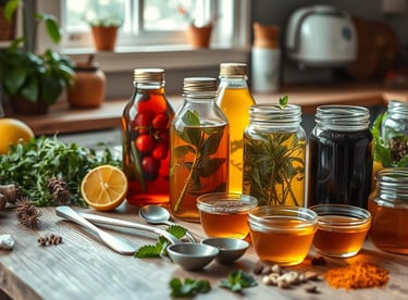 A cozy kitchen scene showcasing a variety of homemade herbal syrups in glass jars