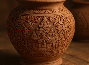 Handcrafted terracotta pot with intricate heritage temple carvings, symbolizing ancient artistry and