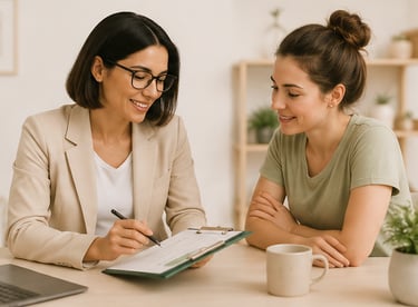 Mujer de 30 años tomando consulta de segumiento  nutricional presencial