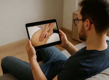 Personne suivant une vidéo de massage abdominal sur une tablette, assise dans un salon.